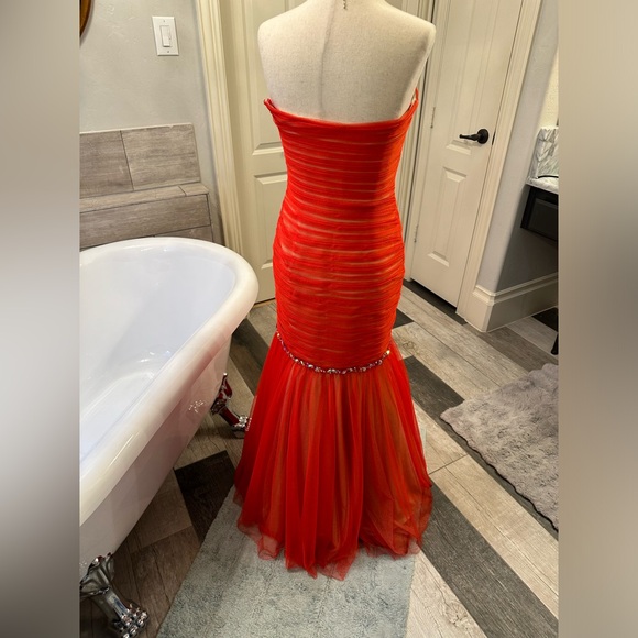 Like New La Femme Orange Sexy Red Strapless Rhinestone Gauze Chic Dress 2 - Picture 9 of 16